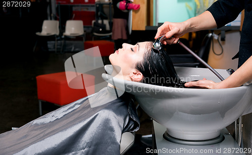 Image of Beautiful Brunette Woman Laid Back Wash Station Shampoo Professi