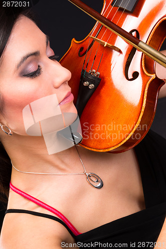 Image of Sensual Attractive Brunette Woman Playing Concert Acoustic Strin
