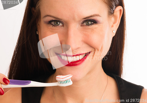 Image of Attractive Woman Wonderful Smile Adult Female Brushing Teeth Too