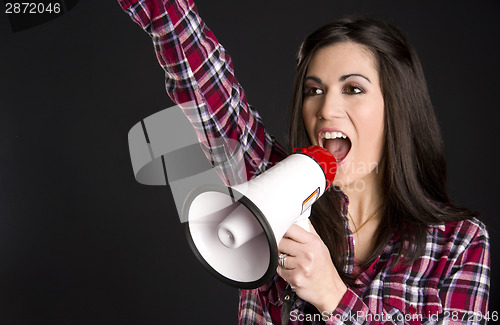 Image of Female Salesperson Hawker Announcer yells into Megaphone