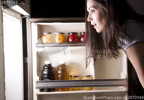 Image of Woman Doing a Fridge Raid at Midnight Open Refrigerator