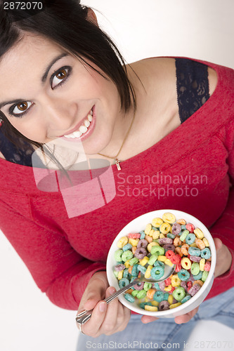 Image of Happy Attractive Woman Eats Bowl Colorful Breakfast Cereal