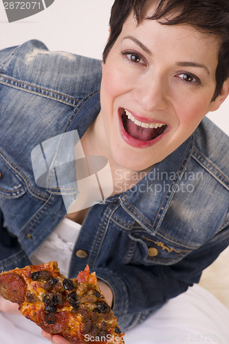 Image of Excited Attractive Woman Eating Hot Pizza Lunch White Background