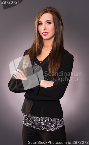 Image of Attractive Brunette Female Business Woman Arm Crossed Office Emp