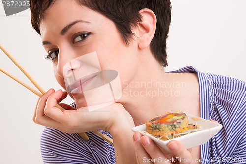 Image of Candid Close Portrait Cute Brunette Woman Raw Food Sushi Lunch