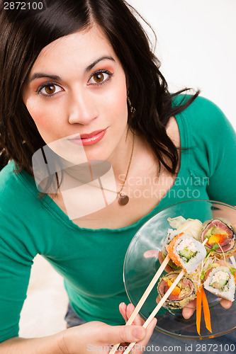 Image of Candid Close Portrait Cute Brunette Woman Raw Food Sushi Lunch