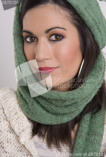 Image of Woven Green Scarf Wrap Around Beautiful Woman