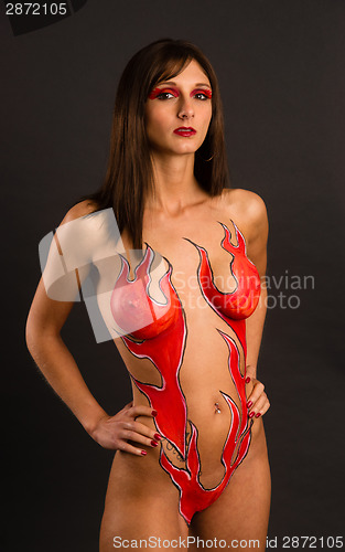 Image of Beautiful Brunette Woman Nude Body Paint Flames Goddess Fire