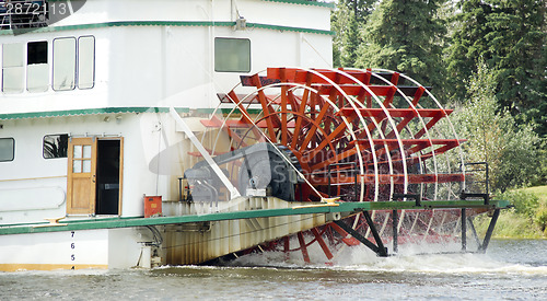 Image of Sternwheeler Churning Moves Riverboat Paddle Steamer Vessel Down