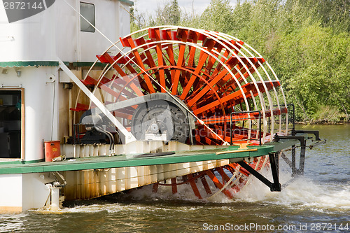 Image of Sternwheeler Churning Moves Riverboat Paddle Steamer Vessel Down