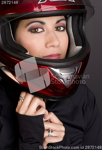 Image of Protected Woman With Beautiful Eyes Under Helmet