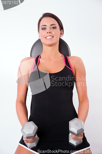 Image of Smooth Skin Beautiful Brunette Woman Working Out Weight Bench