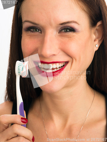 Image of Attractive Woman Wonderful Smile Adult Female Brushing Teeth Too