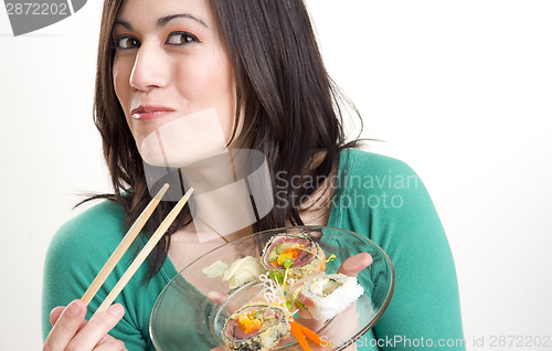 Image of Woman Smiling with Sushi Lunch Healthy Seafood Snack
