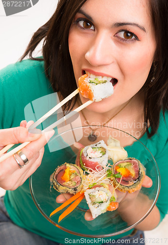 Image of Candid Close Portrait Cute Brunette Woman Raw Food Sushi Lunch