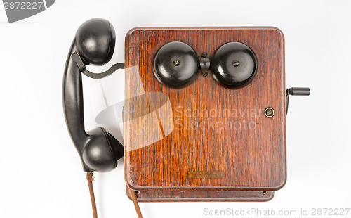 Image of Vintage Obsolete Oak Telephone Set Bakelite Handset Wallbox Ring