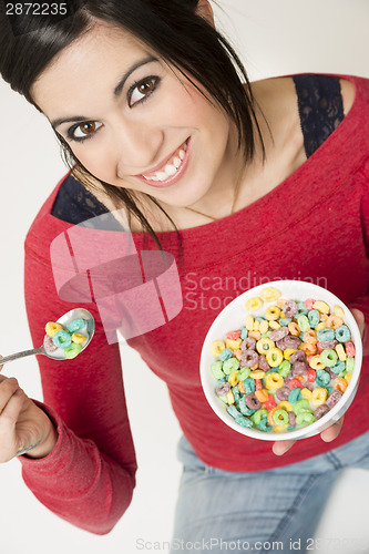 Image of Happy Attractive Woman Eats Bowl Colorful Breakfast Cereal