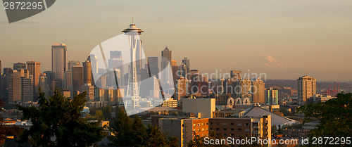 Image of Seattle Washington Skyline Panoramic Urban Sunset Mountain Mt Ra