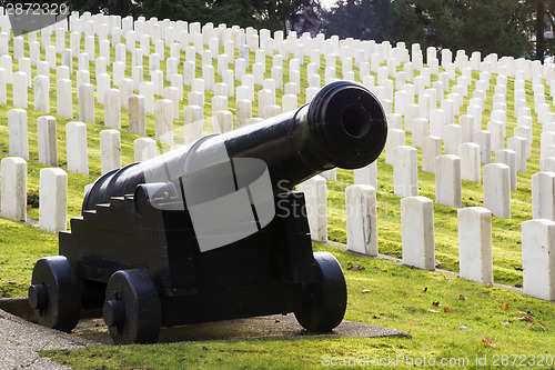 Image of Large Military Cannon Stands Enlisted Men Cemetery Headstones Bu