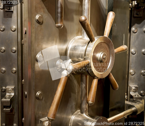 Image of Front of Bank Vault Massive Door Handle Combination Lock Dial