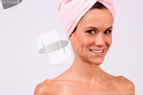 Image of Smiling Attractive Female Model Bare Skin Shower Pink Hair Towel