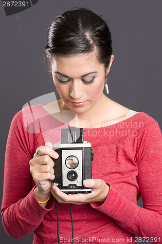 Image of Vintage Photographer Attractive Woman Holding Camera Waist Finde