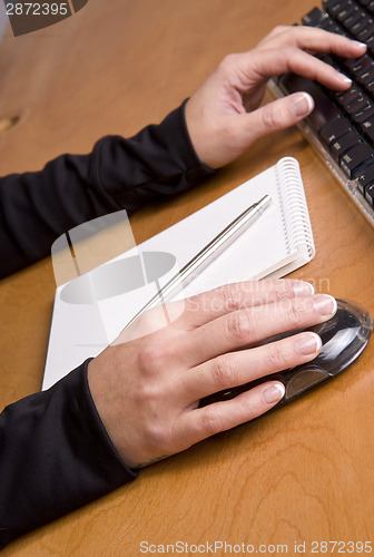 Image of Beautiful Manicured Female Hands Work Mouse Notepad Pen Computer