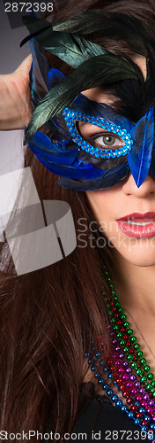 Image of Attractive Brunette Woman Gypsy Costume Feathered Face Mask Fash