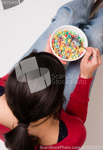 Image of Happy Attractive Woman Eats Bowl Colorful Breakfast Cereal