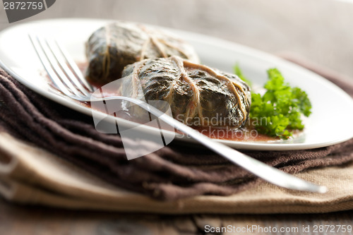 Image of Dolmades with rhubarb leaves, meat and rice 