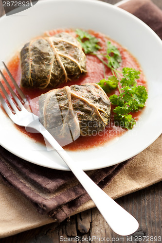 Image of Dolmades with rhubarb leaves, meat and rice 