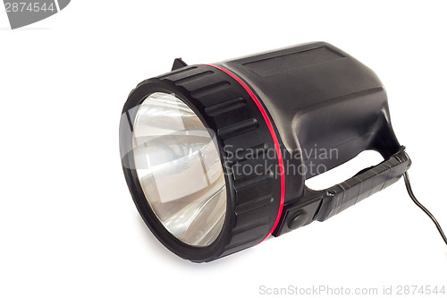 Image of Electric rechargeable led flashlight on a white background.