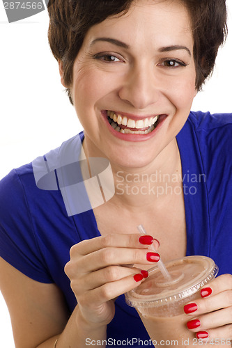 Image of Happy Excited Woman Drinks Blended Healthy Food Fruit Smoothie D