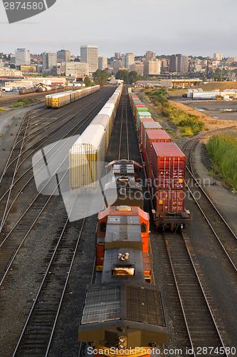 Image of Railroad Yards Boxcars Cargo Containers Train Tracks Downtown Ta