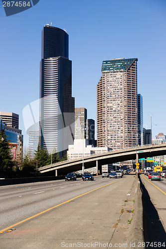 Image of Interstate 5 Highway Cuts Through Downtown Seattle Skyline Moder