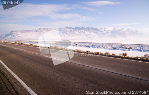 Image of Lonesome Road Winter Freeze Utah Mountain Highway Salt Flats