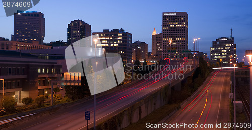 Image of Interstate 705 City Center Tacoma Washington Skyline ay Dusk