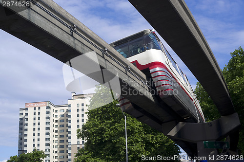 Image of Monorail Transit Train Travels Over Neighborhood Carrying People