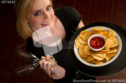 Image of Beautiful Blode Server Waitress Carries Tray Wine Glasses Blue E