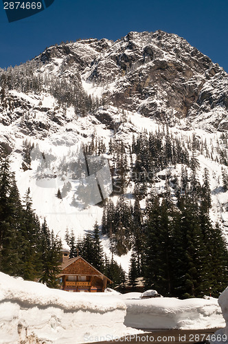 Image of Beautiful Wood Shingle Chalet Base North Cascade Mountains Snowy