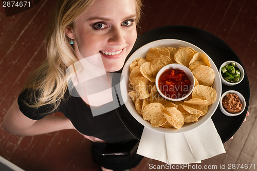 Image of Beautiful Blonde Server Waitress Carries Tray Wine Glasses Blue 