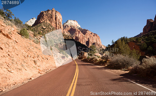 Image of Road Sunrise High Mountain Buttes Zion National Park Desert Sout