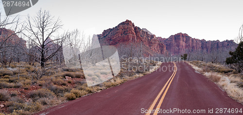 Image of Road Sunrise High Mountain Buttes Zion National Park Desert Sout