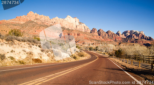 Image of Road Sunrise High Mountain Buttes Zion National Park Desert Sout