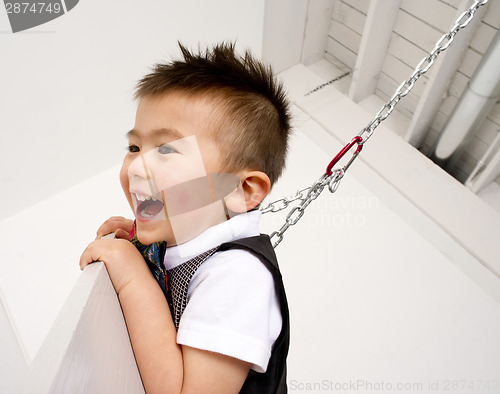 Image of Horizontal Composition Happy Young Boy Playing on Chain Swing Se