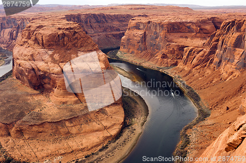 Image of Two Boats Navigate Colorado River Deep Canyon Horseshoe Bend Sou