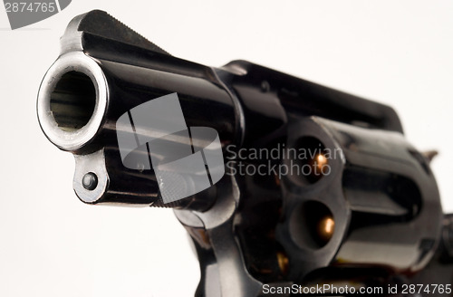 Image of 38 Caliber Revolver Pistol Loaded Cylinder Gun Barrel Pointed