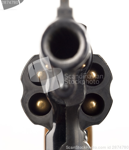 Image of Revolver 38 Caliber Pistol Loaded Cylinder Gun Barrel Pointed