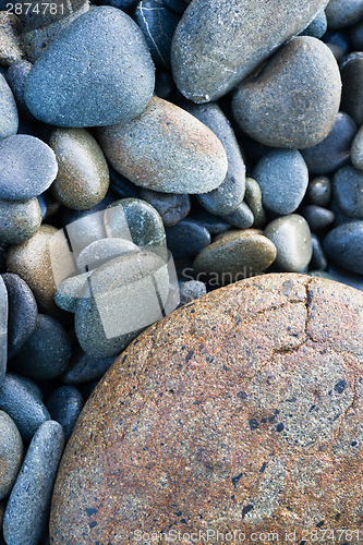 Image of Smooth Pacific Ocean Beach Round Rocks Wet Slate Granite 