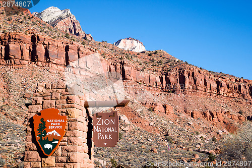 Image of National Parks Service Entrance to Zion National Park Utah